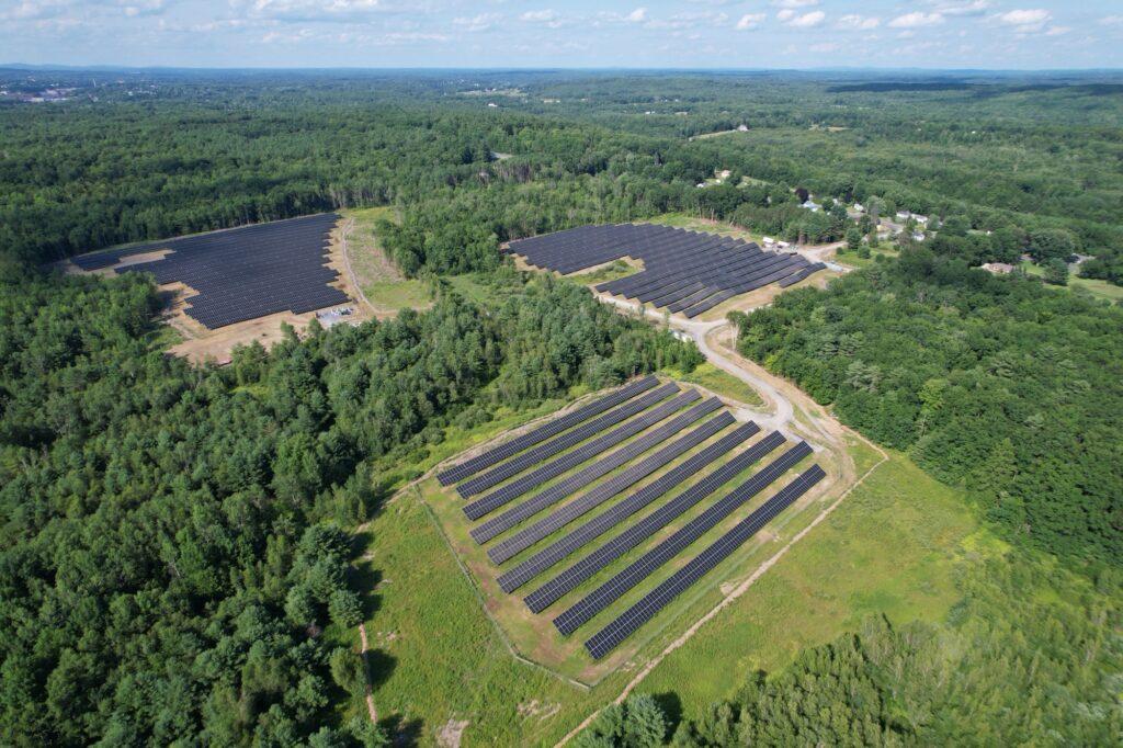 An aerial view of the Winslow PV project. Located in Kennebec County.